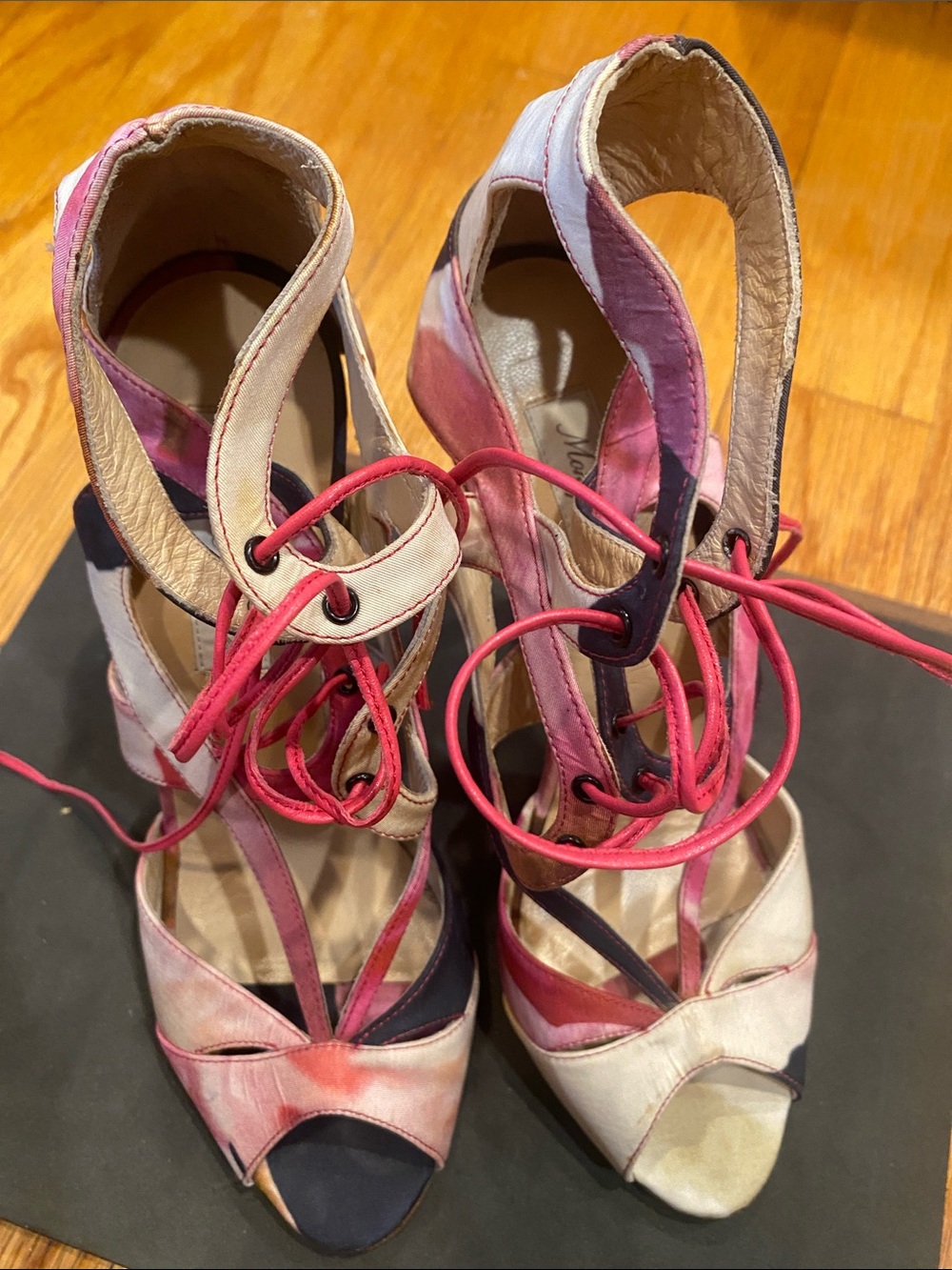 Monique Lhuillier Pink and Black  Lace-Up Strappy Heels, Size 8